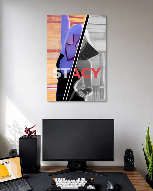 Diagonally split Spider-Gwen poster with a purple-white masked hood on one side and a grayscale hooded portrait on the other.