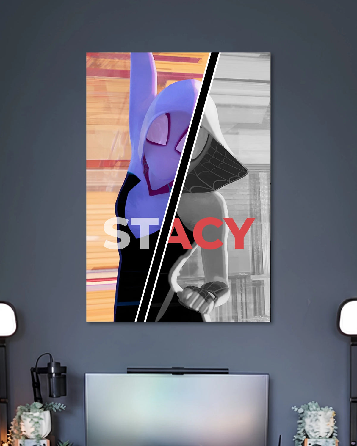Diagonally split Spider-Gwen poster with a purple-white masked hood on one side and a grayscale hooded portrait on the other.