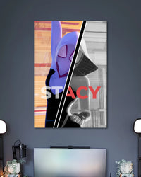 Diagonally split Spider-Gwen poster with a purple-white masked hood on one side and a grayscale hooded portrait on the other.