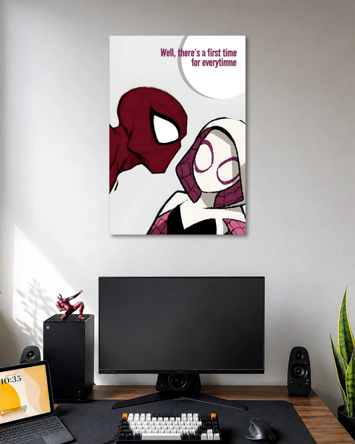 Minimal comic artwork of Spider-Man facing Spider-Gwen against white, with Well, there's a first time for everything text.