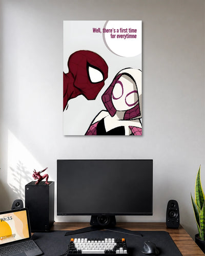 Minimal comic artwork of Spider-Man facing Spider-Gwen against white, with Well, there's a first time for everything text.