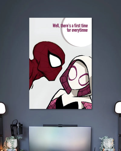 Minimal comic artwork of Spider-Man facing Spider-Gwen against white, with Well, there's a first time for everything text.