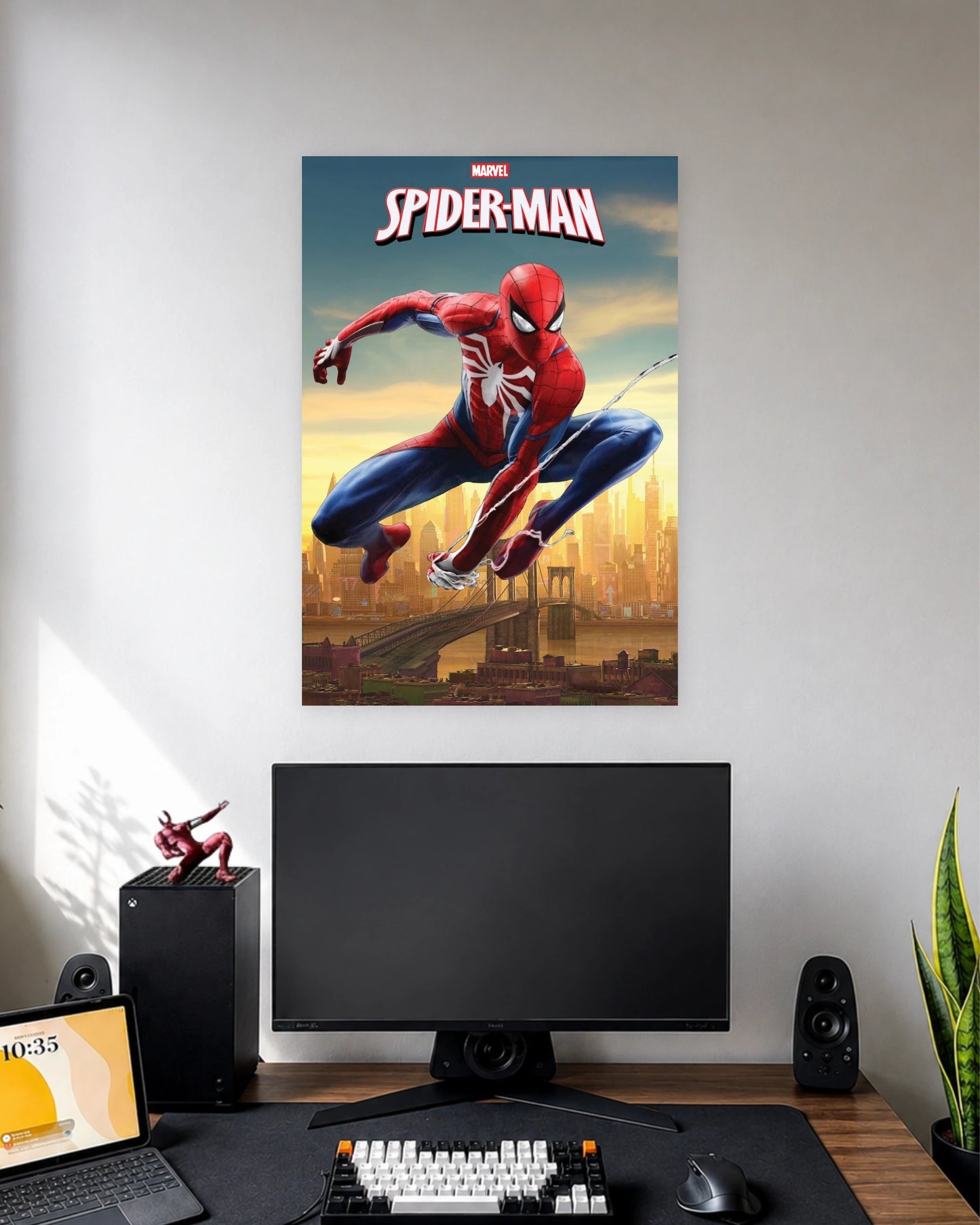 Spider-Man Marvel Superhero Poster wall poster displayed in a modern minimalist workspace setup 1