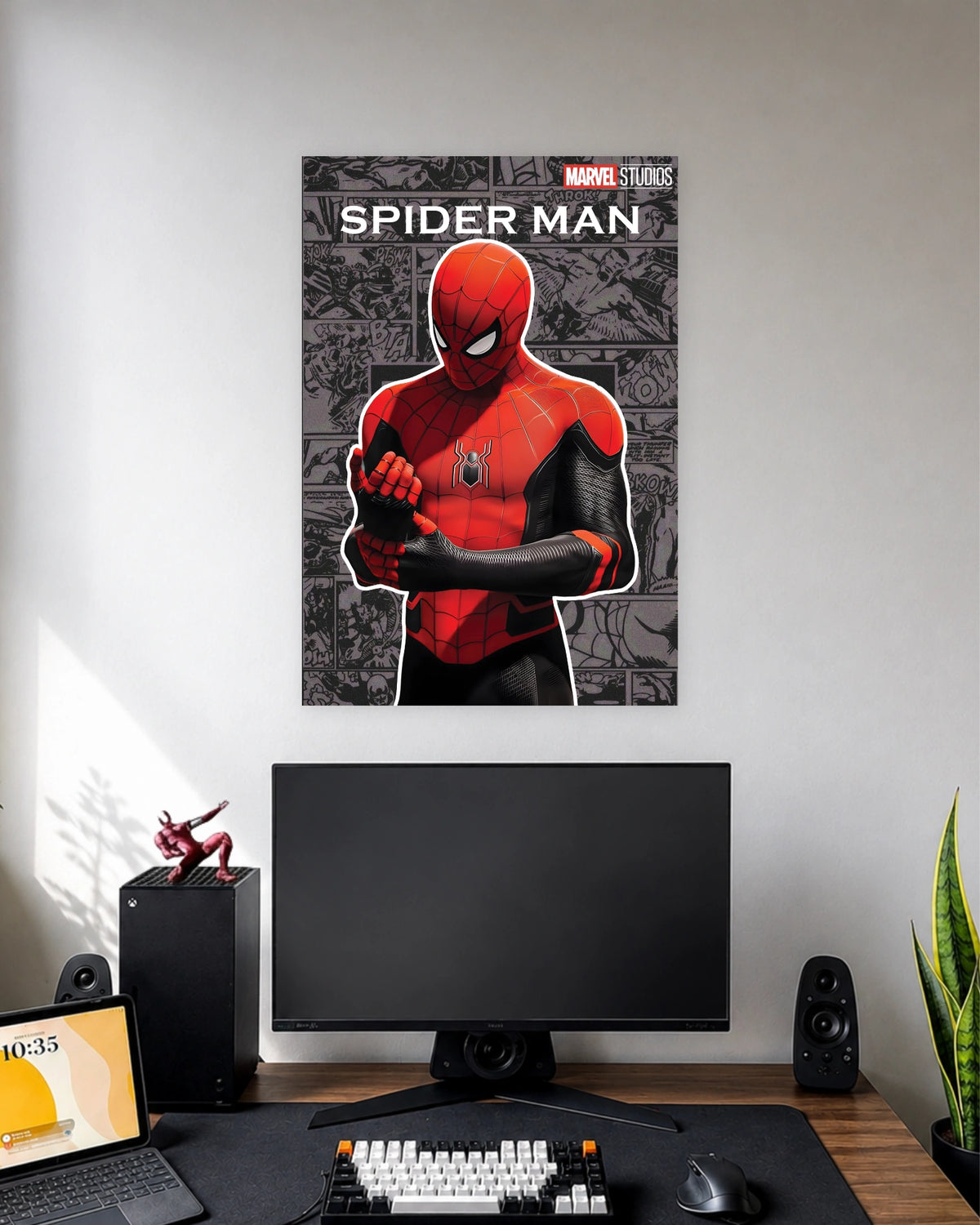 Spider-Man Comic Panel Poster wall poster displayed in a modern minimalist workspace setup 1