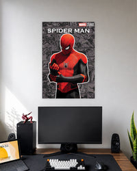 Spider-Man Comic Panel Poster wall poster displayed in a modern minimalist workspace setup 1