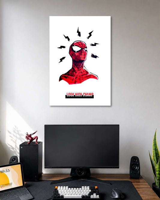 White poster with a red Spider-Man head illustration, little black arrow marks and LOOK WHO CHANGED lettering.