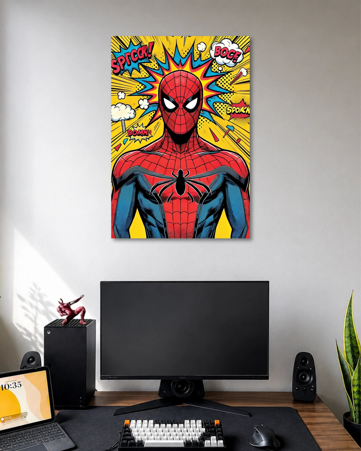 Bright pop-art poster with Spider-Man's red masked face against yellow rays and colourful comic-book sound effects.