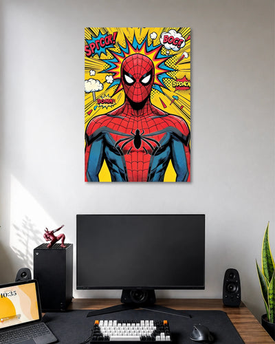 Bright pop-art poster with Spider-Man's red masked face against yellow rays and colourful comic-book sound effects.