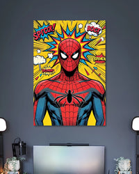 Bright pop-art poster with Spider-Man's red masked face against yellow rays and colourful comic-book sound effects.