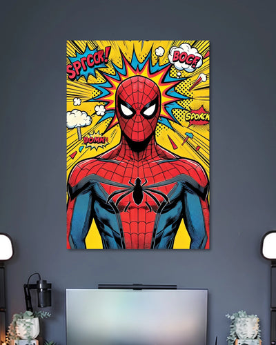 Bright pop-art poster with Spider-Man's red masked face against yellow rays and colourful comic-book sound effects.