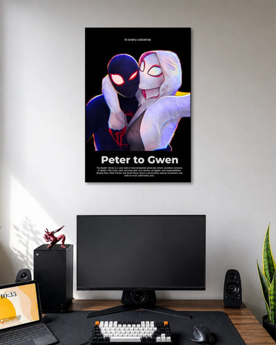 Black poster showing two masked Spider-Verse characters embracing in violet and pink light above the words Peter to Gwen.