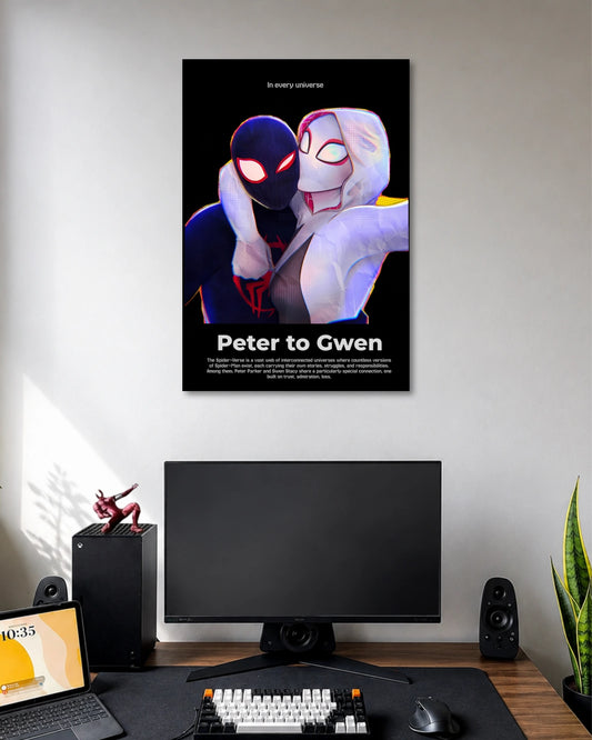 Black poster showing two masked Spider-Verse characters embracing in violet and pink light above the words Peter to Gwen.