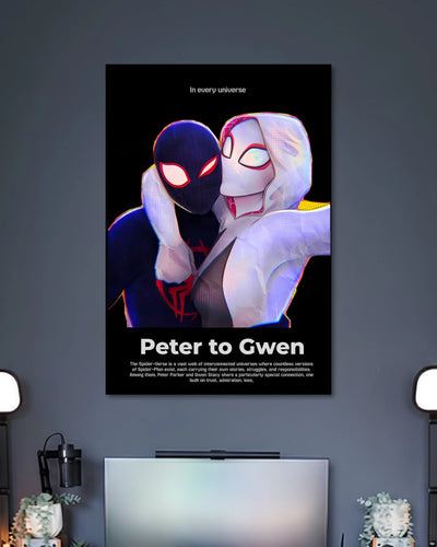 Black poster showing two masked Spider-Verse characters embracing in violet and pink light above the words Peter to Gwen.