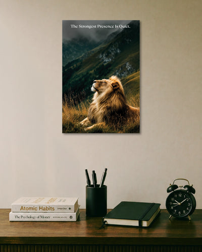Strongest Presence Is Quiet Lion Poster artwork with bold detailed composition 1