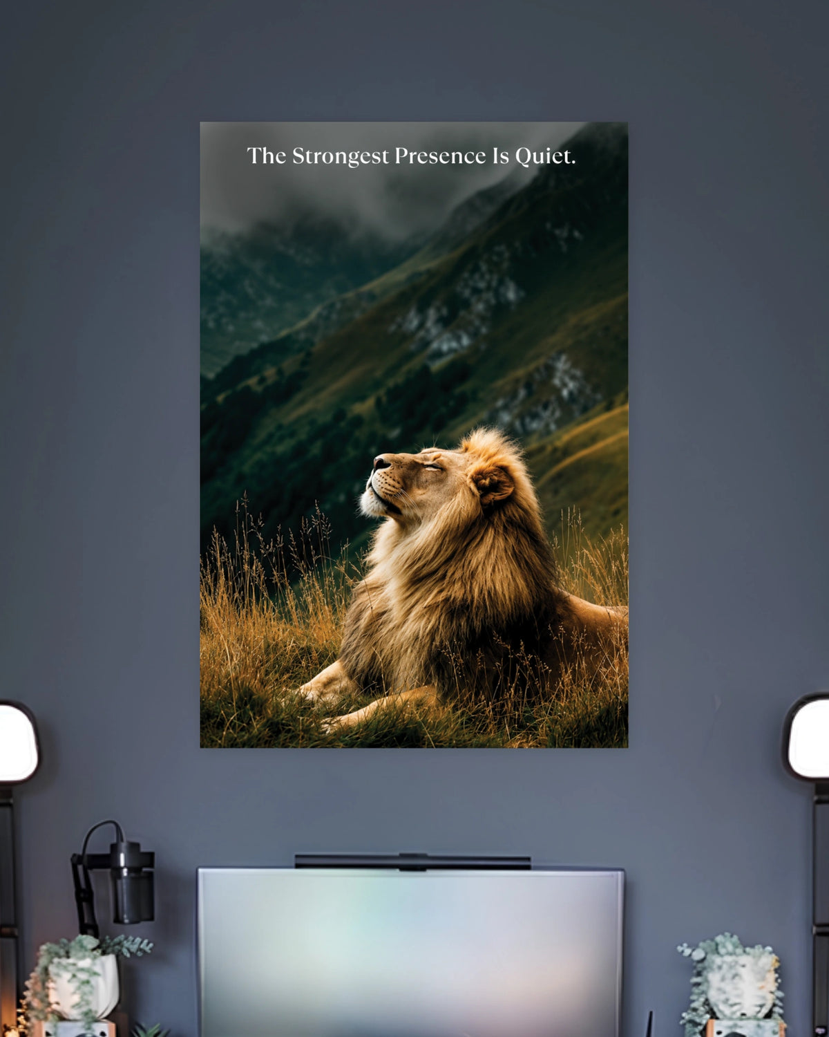 Strongest Presence Is Quiet Lion Poster artwork with bold detailed composition 2