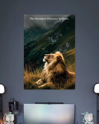 Strongest Presence Is Quiet Lion Poster artwork with bold detailed composition 2