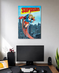 Vintage comic illustration of blonde Supergirl flying in a blue suit with a red cape above a city skyline.