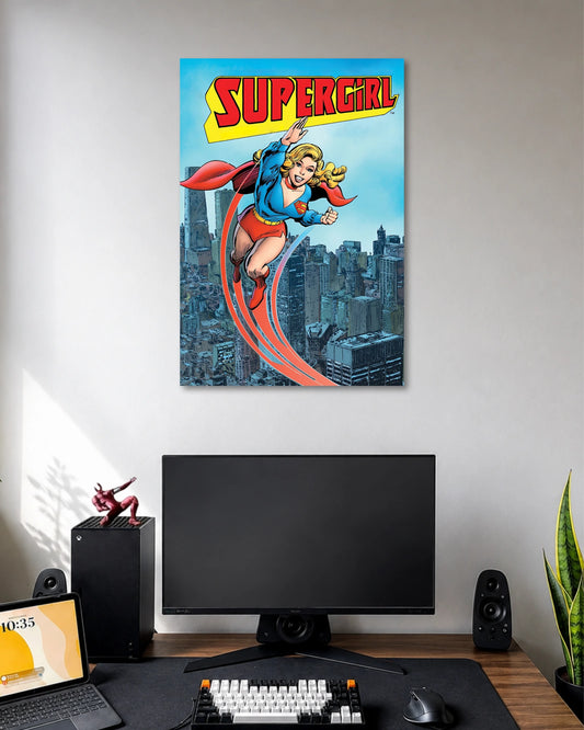 Vintage comic illustration of blonde Supergirl flying in a blue suit with a red cape above a city skyline.