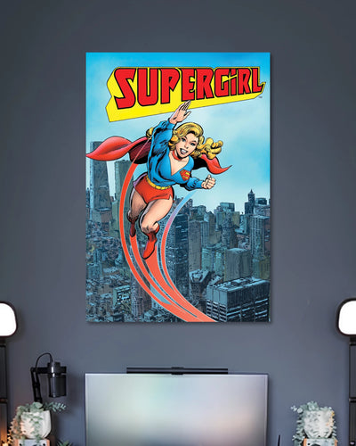 Vintage comic illustration of blonde Supergirl flying in a blue suit with a red cape above a city skyline.