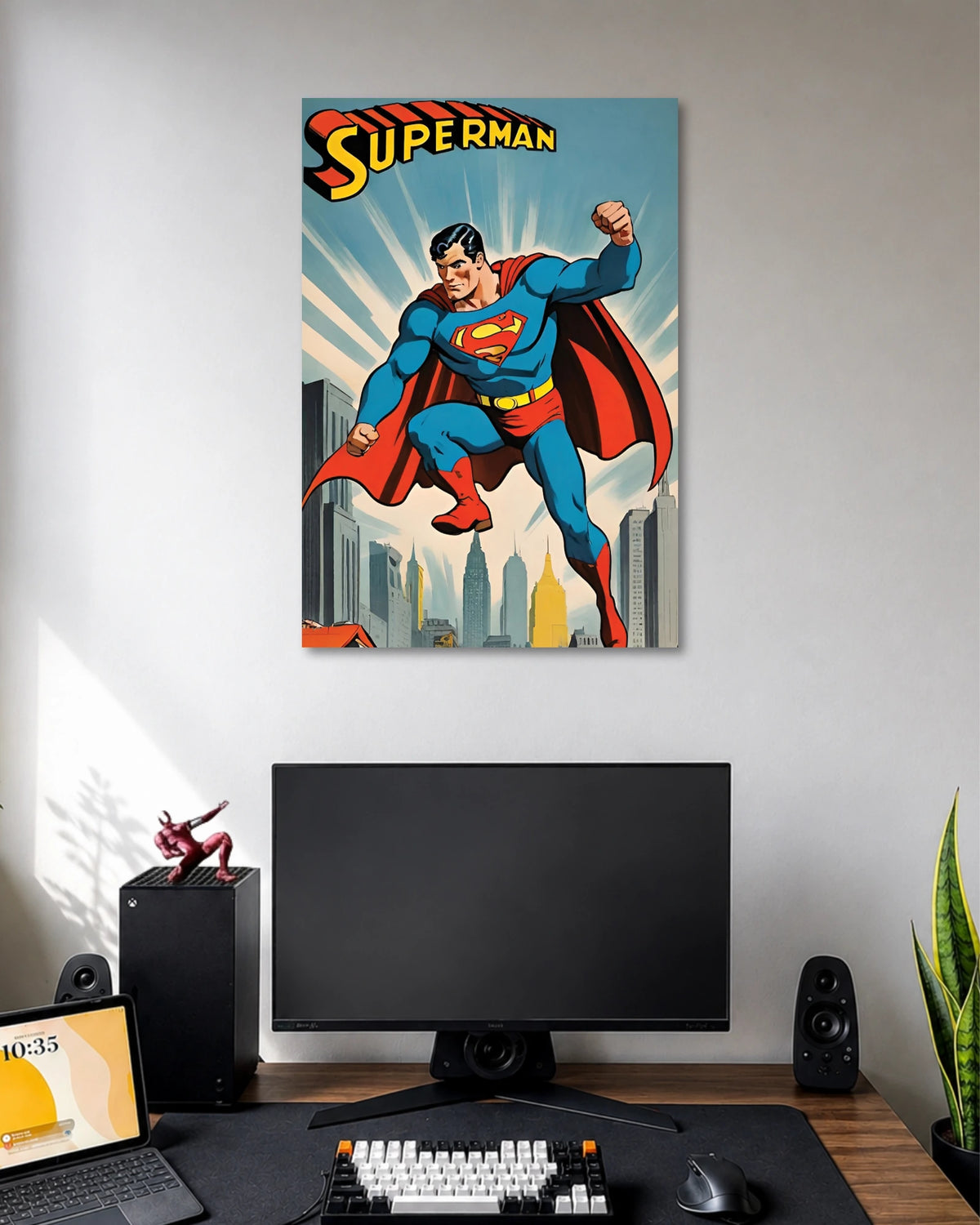 Vintage comic illustration of Superman flying above a city in a blue suit and red cape beneath SUPERMAN lettering.