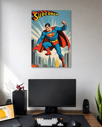 Vintage comic illustration of Superman flying above a city in a blue suit and red cape beneath SUPERMAN lettering.