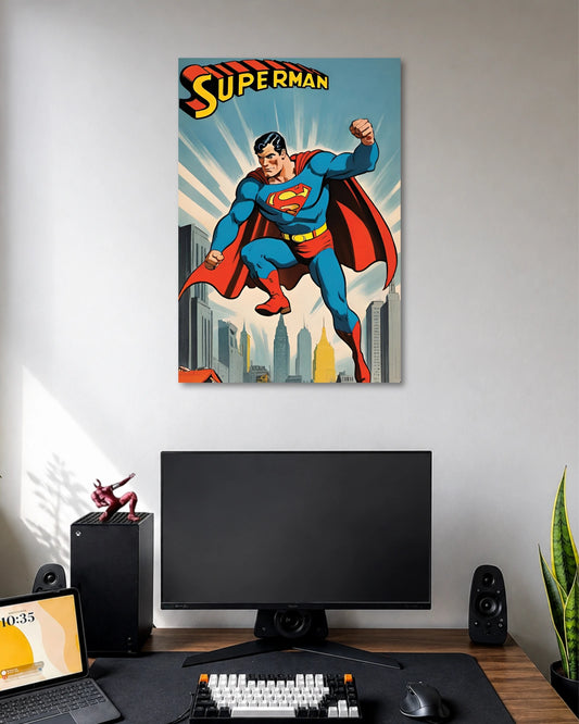 Vintage comic illustration of Superman flying above a city in a blue suit and red cape beneath SUPERMAN lettering.