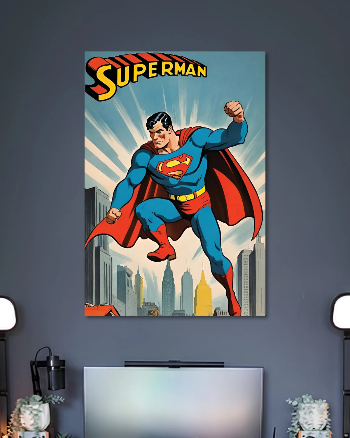 Vintage comic illustration of Superman flying above a city in a blue suit and red cape beneath SUPERMAN lettering.
