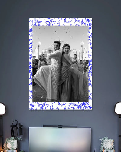 Suriya Mamitha Baiju Vishwanath Sons Poster poster design: Celebrate the pairing of Suriya and Mamitha Baiju with this Vishwanath & Sons poster. The black and white design captures the couple dancing in traditional outfits, with blue handwritten details adding a distinctive finish.