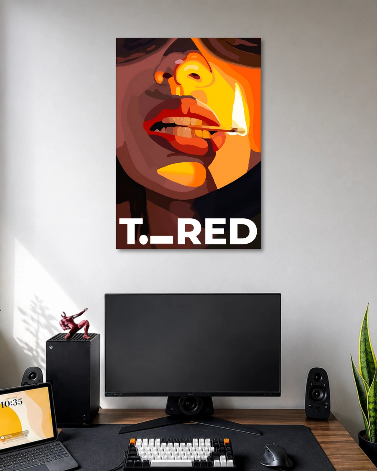 T. RED Pop Art Woman Poster poster design: This T. RED poster combines high contrast vector art with dramatic light and shadow across the face and lips. Fiery orange, yellow and red tones create depth, while the close up composition and bold white typography give the design its distinctive pop art style.