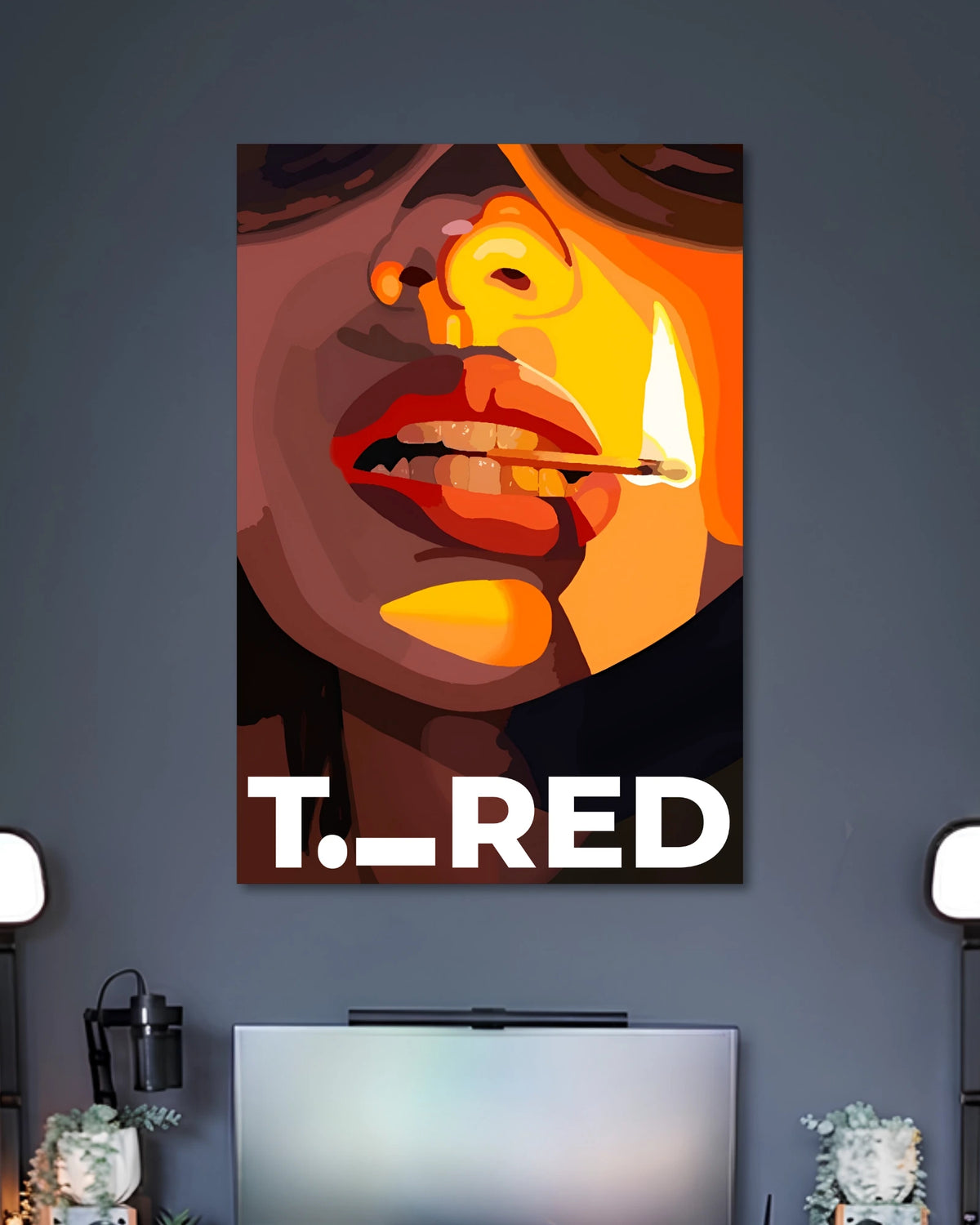 T. RED Pop Art Woman Poster poster design: This T. RED poster combines high contrast vector art with dramatic light and shadow across the face and lips. Fiery orange, yellow and red tones create depth, while the close up composition and bold white typography give the design its distinctive pop art style.