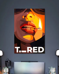 T. RED Pop Art Woman Poster poster design: This T. RED poster combines high contrast vector art with dramatic light and shadow across the face and lips. Fiery orange, yellow and red tones create depth, while the close up composition and bold white typography give the design its distinctive pop art style.