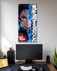 Vertical split anime poster featuring Tanjiro Kamado's face, red eye, bright blue water effects, bold white Japanese characters and a red circular text detail.