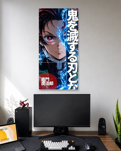 Vertical split anime poster featuring Tanjiro Kamado's face, red eye, bright blue water effects, bold white Japanese characters and a red circular text detail.