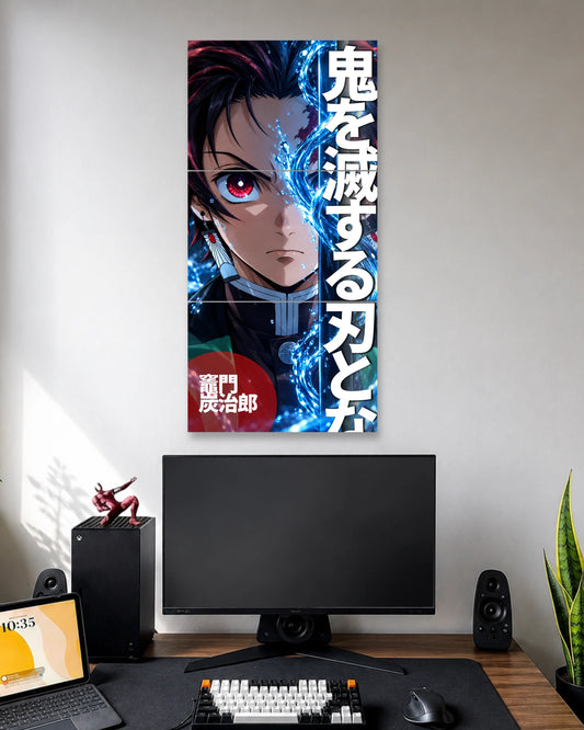 Vertical split anime poster featuring Tanjiro Kamado's face, red eye, bright blue water effects, bold white Japanese characters and a red circular text detail.