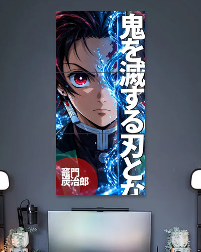 Vertical split anime poster featuring Tanjiro Kamado's face, red eye, bright blue water effects, bold white Japanese characters and a red circular text detail.