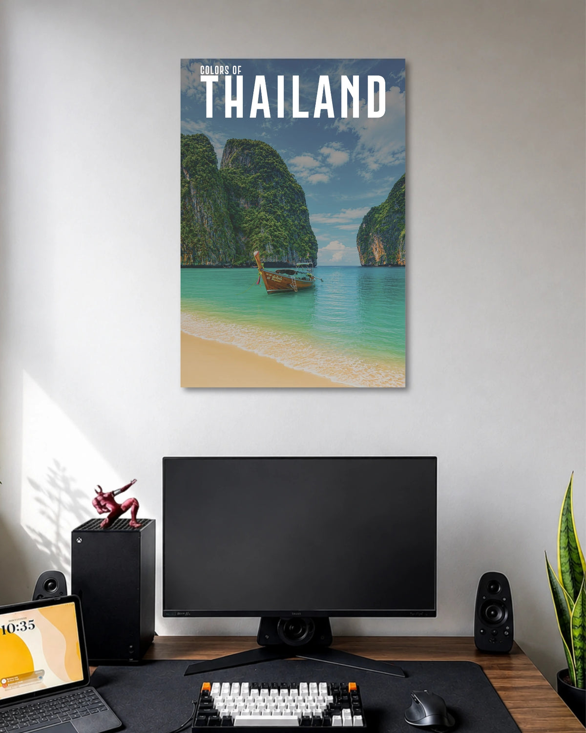Thailand Tropical Beach Poster poster design: Turquoise waters, towering green cliffs and a traditional longtail boat capture the beauty of Thailand’s tropical coastline. The vibrant colours and scenic beach setting bring a relaxed holiday feel to your room.