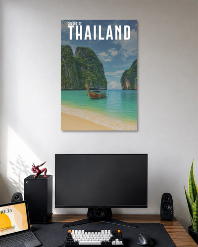 Thailand Tropical Beach Poster poster design: Turquoise waters, towering green cliffs and a traditional longtail boat capture the beauty of Thailand’s tropical coastline. The vibrant colours and scenic beach setting bring a relaxed holiday feel to your room.
