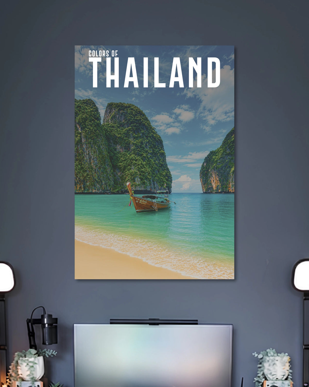 Thailand Tropical Beach Poster poster design: Turquoise waters, towering green cliffs and a traditional longtail boat capture the beauty of Thailand’s tropical coastline. The vibrant colours and scenic beach setting bring a relaxed holiday feel to your room.