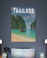Thailand Tropical Beach Poster poster design: Turquoise waters, towering green cliffs and a traditional longtail boat capture the beauty of Thailand’s tropical coastline. The vibrant colours and scenic beach setting bring a relaxed holiday feel to your room.