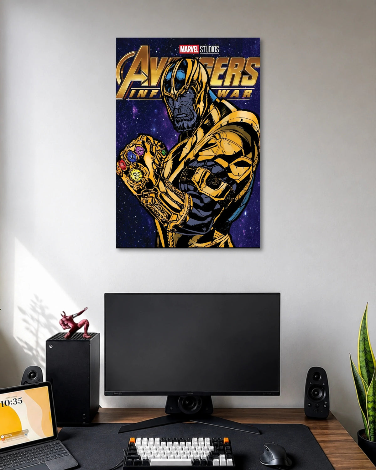Comic illustration of Thanos in gold armor holding the gem-studded Infinity Gauntlet in front of a purple cosmic background.