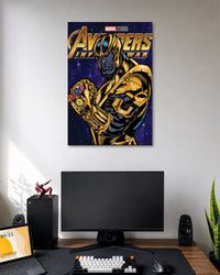 Comic illustration of Thanos in gold armor holding the gem-studded Infinity Gauntlet in front of a purple cosmic background.