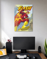Vintage comic poster of The Flash running through a city in a red suit with yellow boots and golden lightning trails.