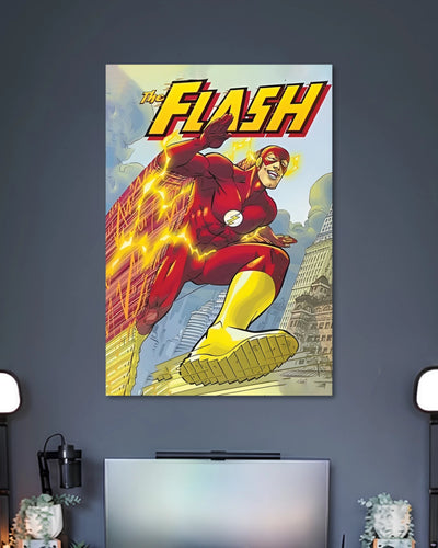Vintage comic poster of The Flash running through a city in a red suit with yellow boots and golden lightning trails.