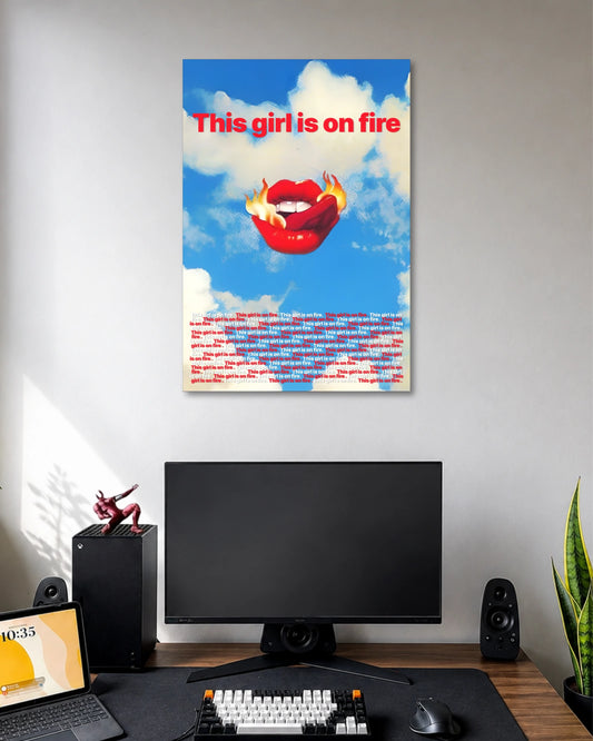This Girl Is on Fire Lips Aesthetic Poster poster design: Glossy red lips surrounded by flames float against a bright blue sky scattered with white clouds. The phrase “This Girl Is on Fire” appears at the top, while repeated red and white lettering forms a text pattern near the bottom.