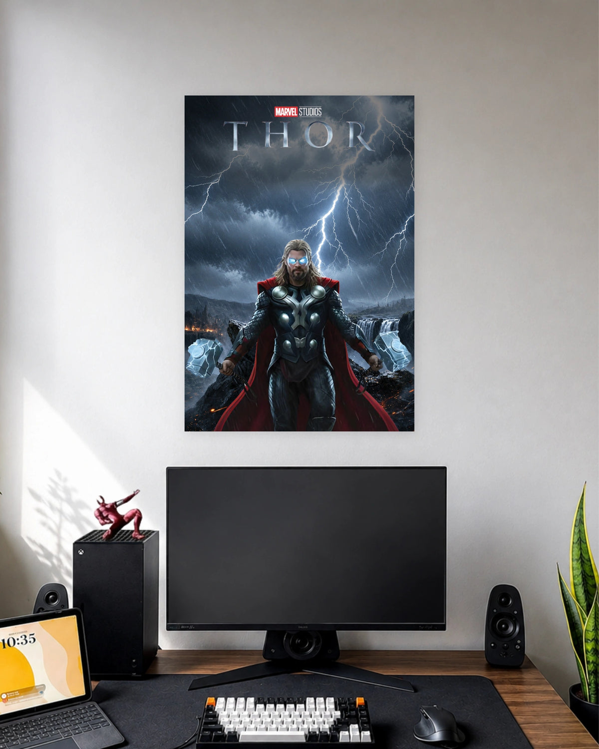 Thor Lightning Storm Poster wall poster displayed in a modern minimalist workspace setup 1