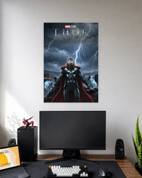 Thor Lightning Storm Poster wall poster displayed in a modern minimalist workspace setup 1