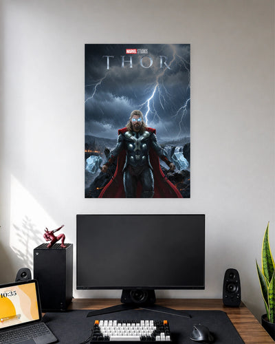 Thor Lightning Storm Poster wall poster displayed in a modern minimalist workspace setup 1
