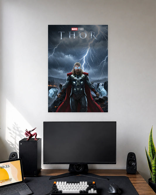 Thor Lightning Storm Poster wall poster displayed in a modern minimalist workspace setup 1