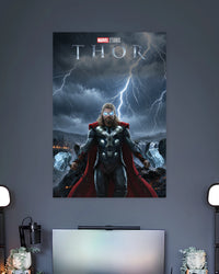 Thor Lightning Storm Poster wall poster displayed in a contemporary interior setting 2