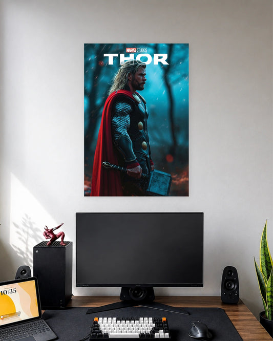 Thor Marvel Superhero Poster wall poster displayed in a modern minimalist workspace setup 1